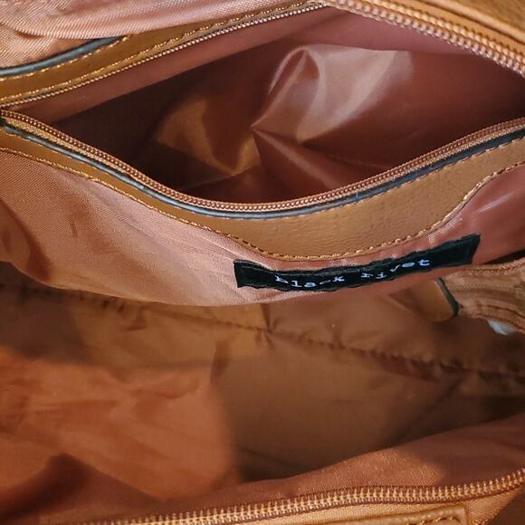 Black Rivet Purse Two Tone Black and Cognac Double Handle Bag w/Shoulder Strap - Picture 7 of 16